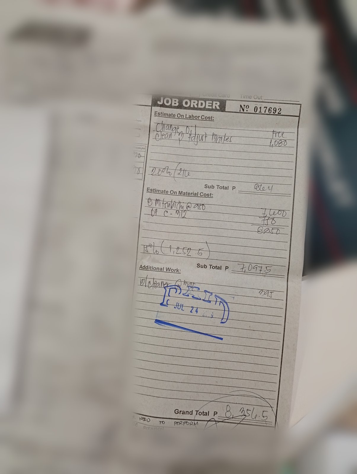 Motech job order for the Montero 40,000 KM PMS showing the discounted costs